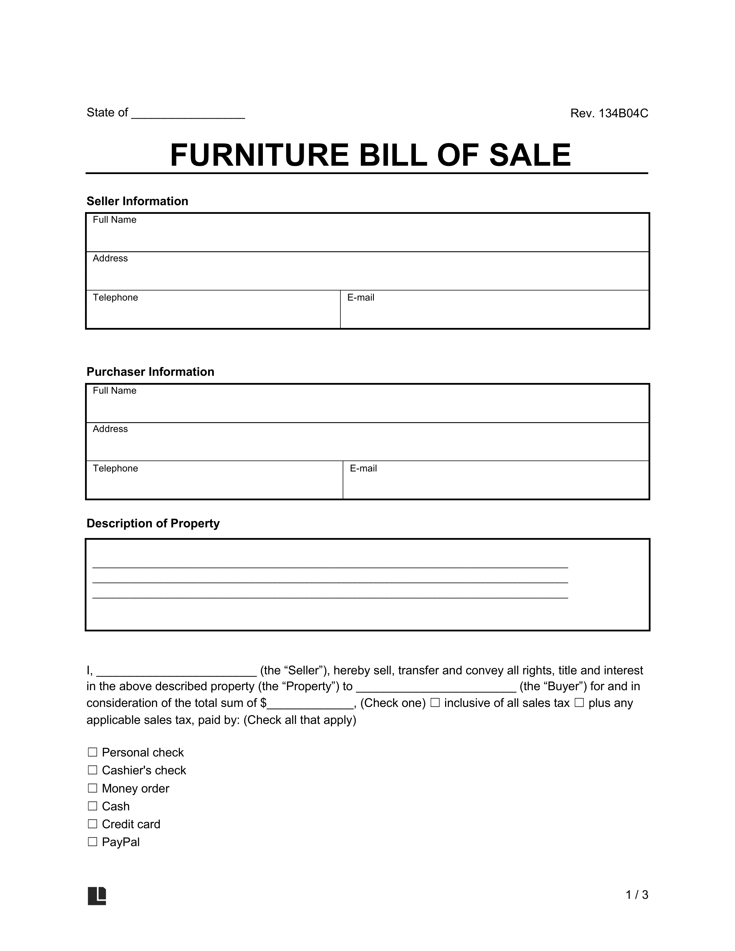 furniture bill of sale sample