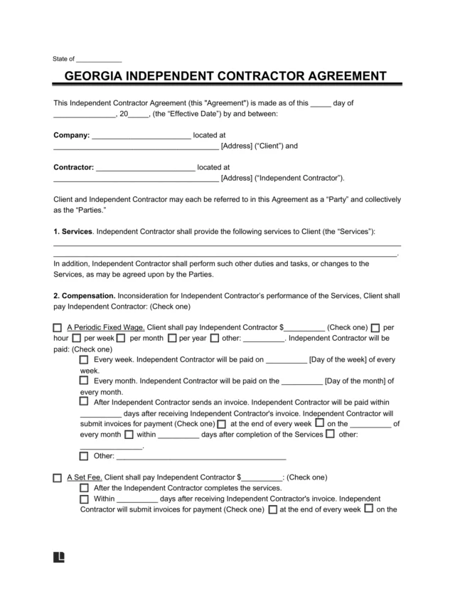 Georgia Independent Contractor Ageement Template