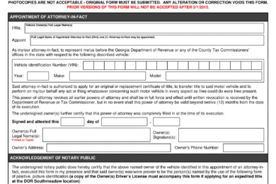 Georgia Motor Vehicle Power of Attorney Form