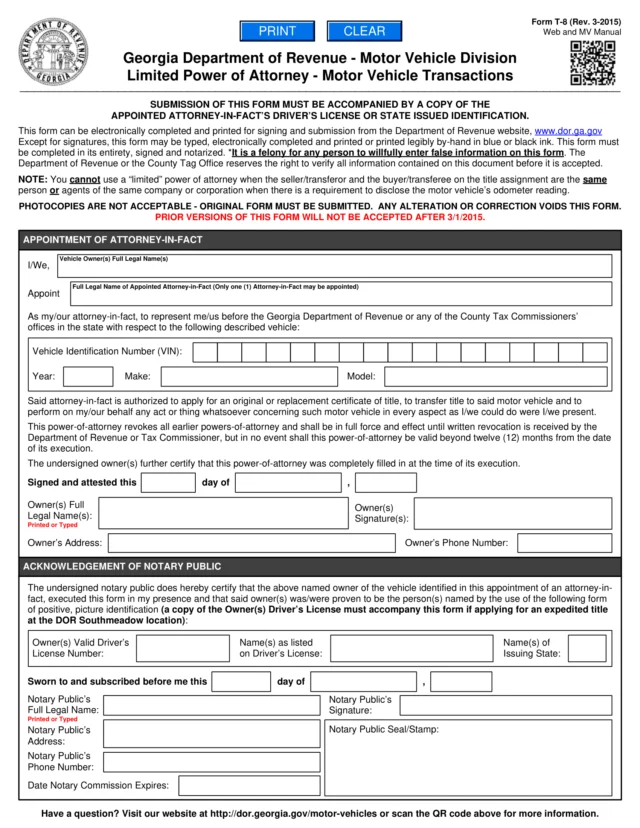 Georgia Motor Vehicle Power of Attorney Form