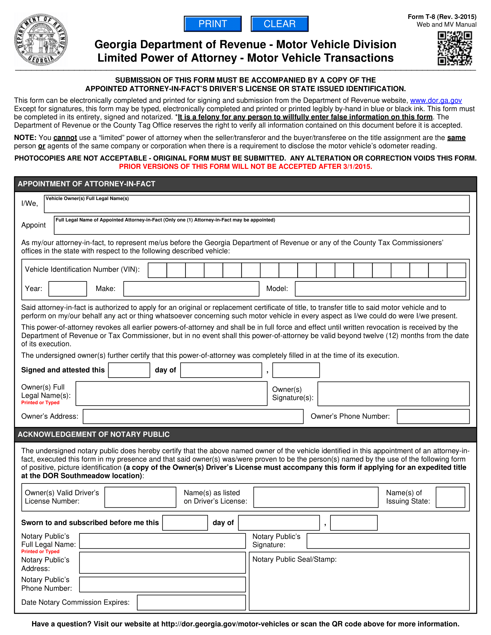 Georgia Motor Vehicle Power of Attorney Form