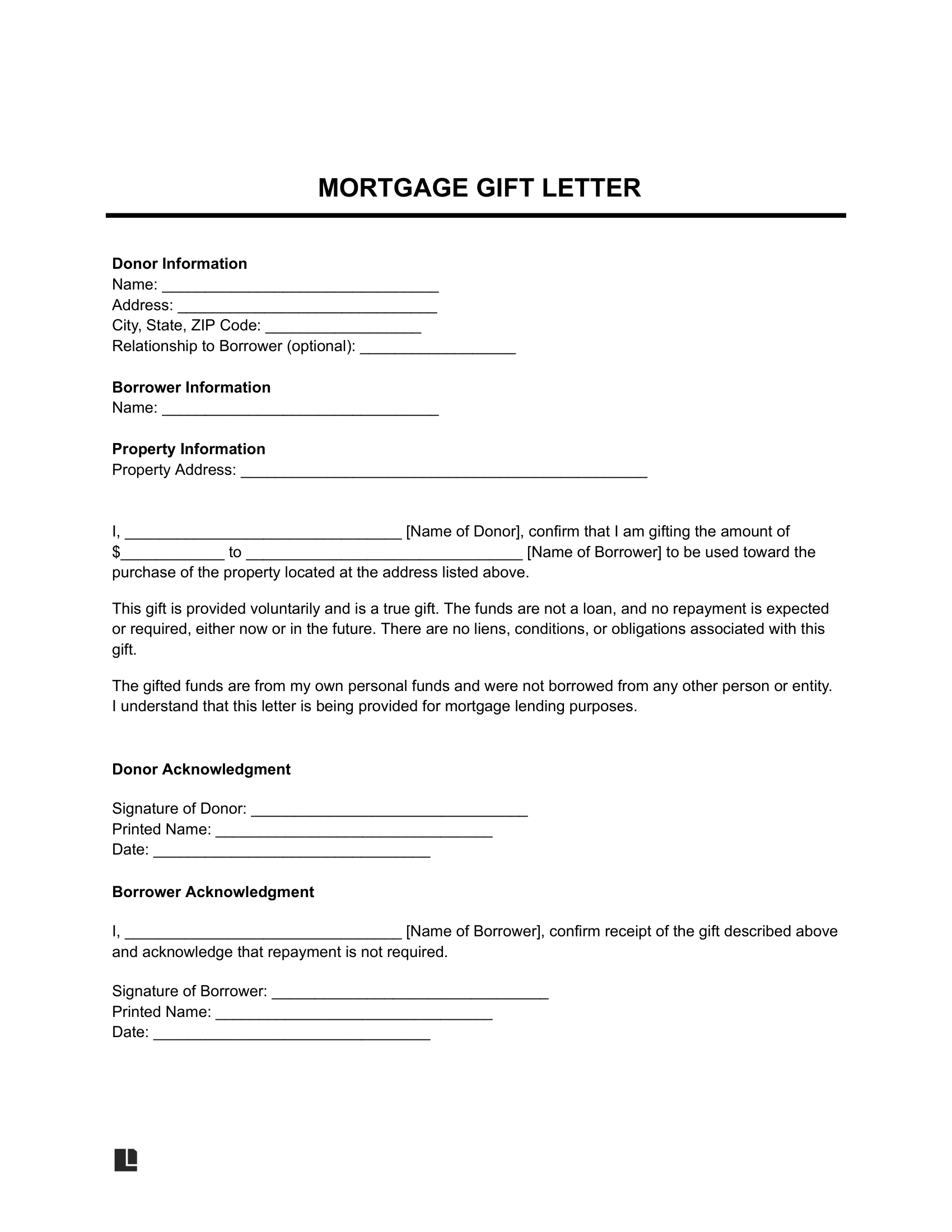Gift Letter for a Mortgage