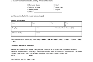 Sample of a gifted car bill of sale template for when you're giving a car away