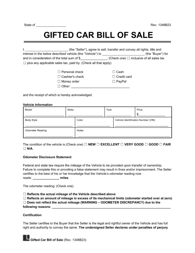 Sample of a gifted car bill of sale template for when you're giving a car away