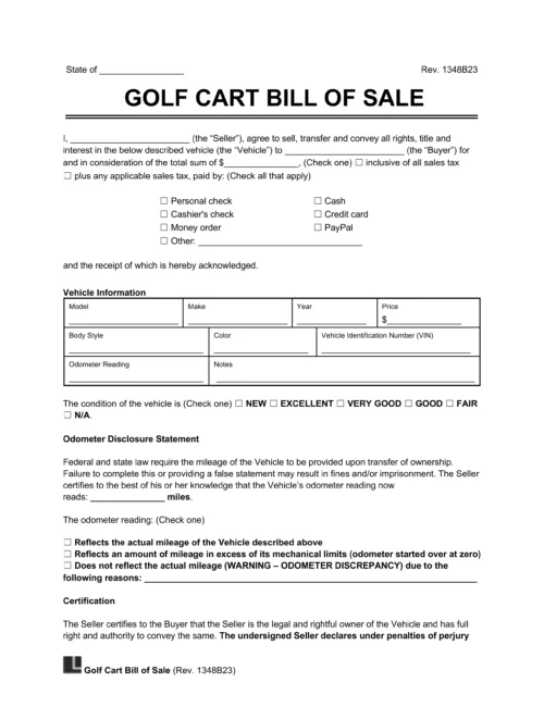 Golf Cart Bill of Sale Template