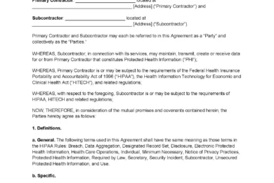 HIPAA Subcontractor Agreement Template