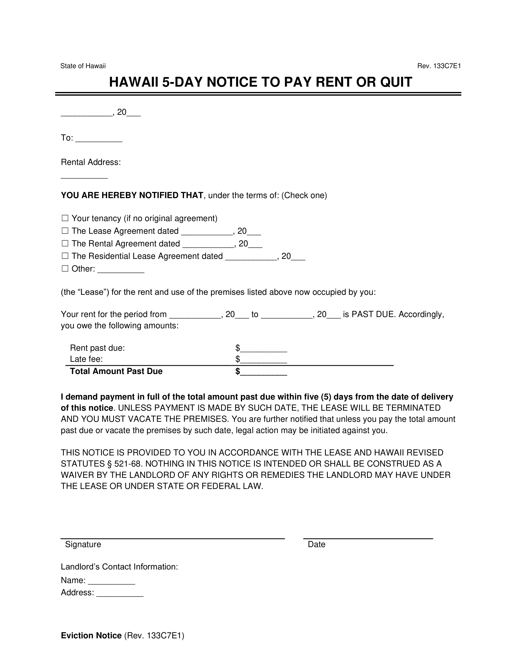 Hawaii 5-Day Notice to Quit for Non-Payment of Rent