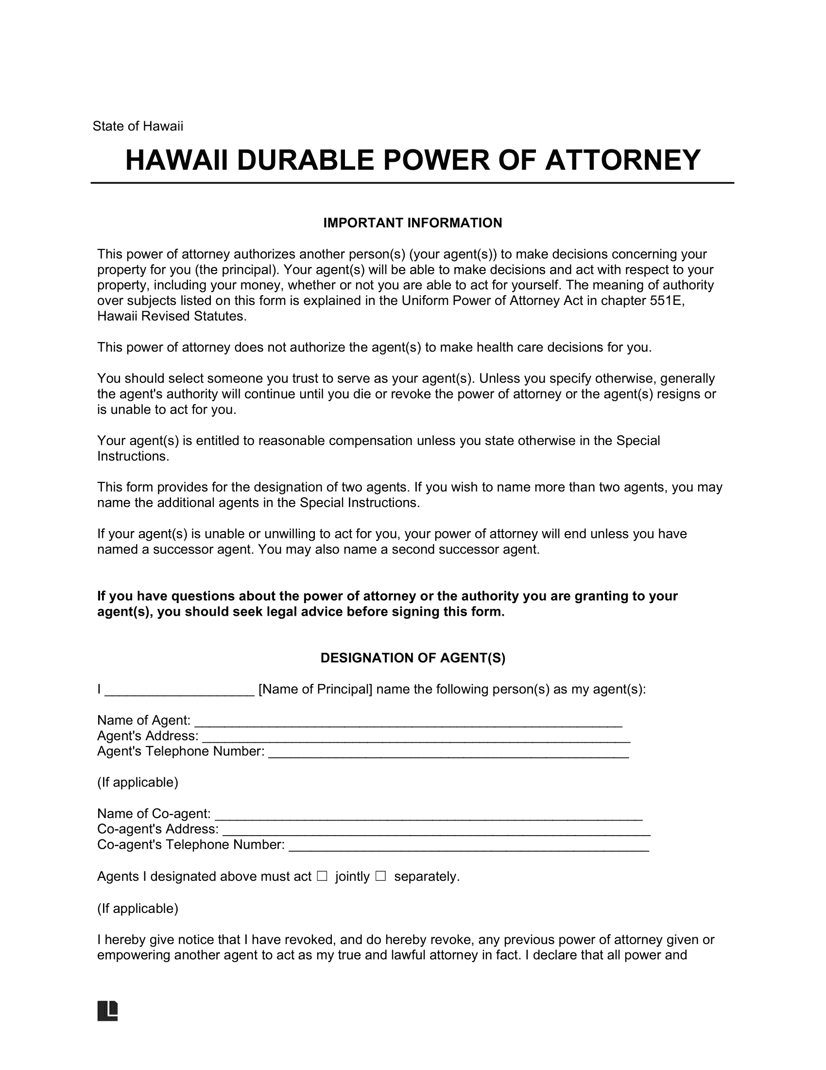 Hawaii Durable Statutory Power of Attorney Form