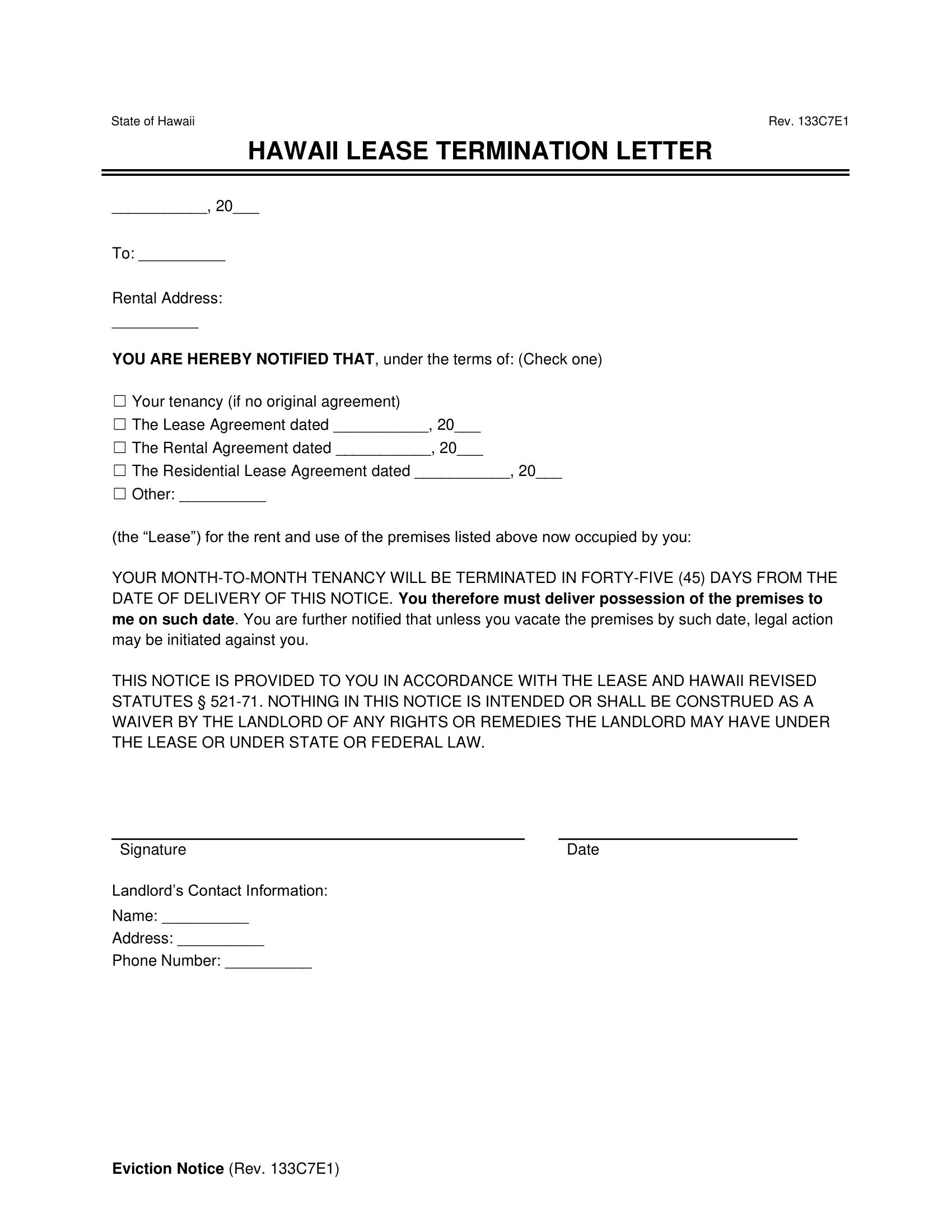Hawaii Lease Termination Letter Template