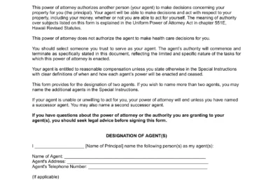 Hawaii Limited Power of Attorney Form