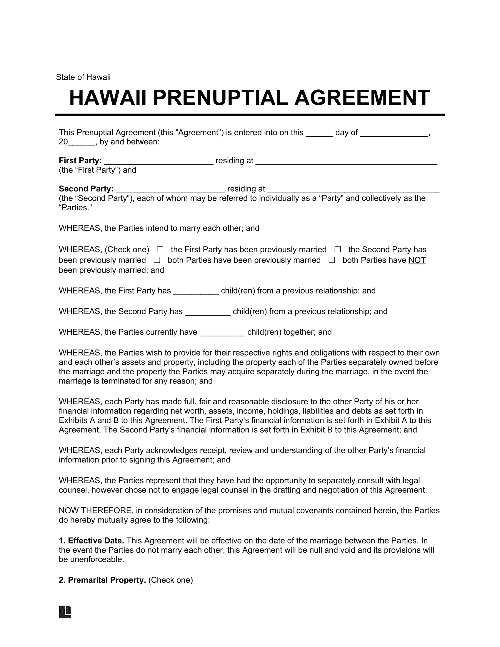 Hawaii Prenuptial Agreement Template
