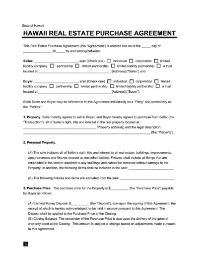 Hawaii Residential Purchase Agreement Template