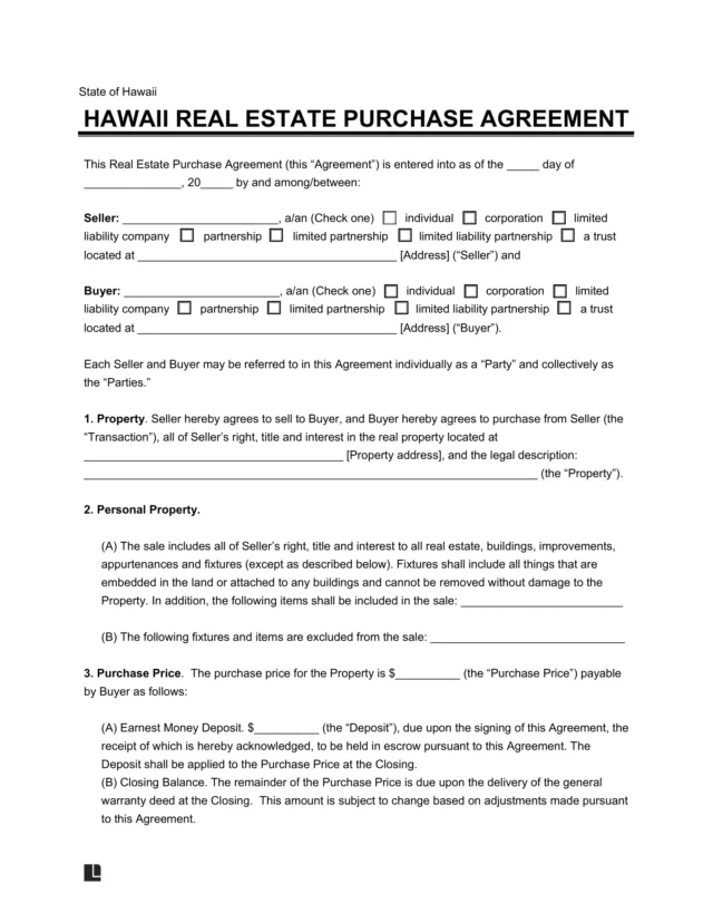Hawaii Residential Purchase Agreement Template