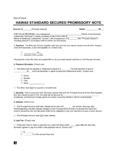 Hawaii Standard Secured Promissory Note Template