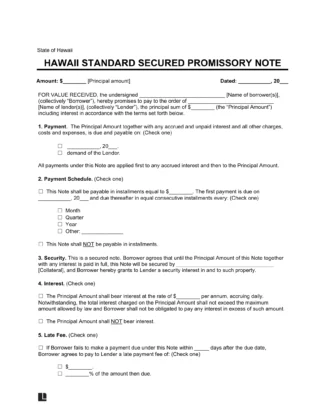 Hawaii Standard Secured Promissory Note Template