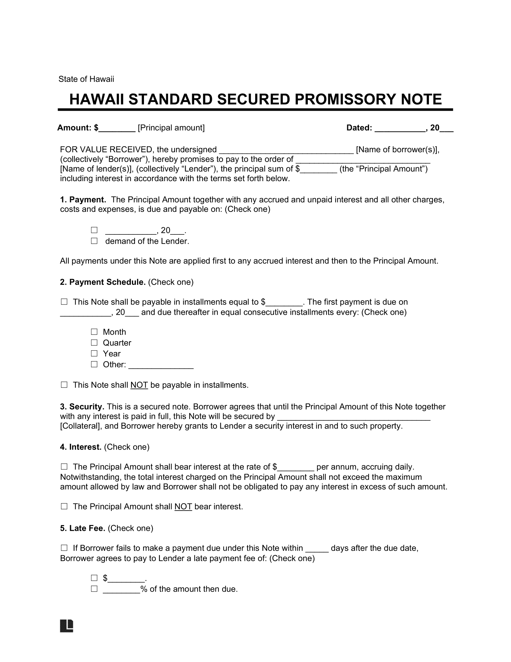 Hawaii Standard Secured Promissory Note Template