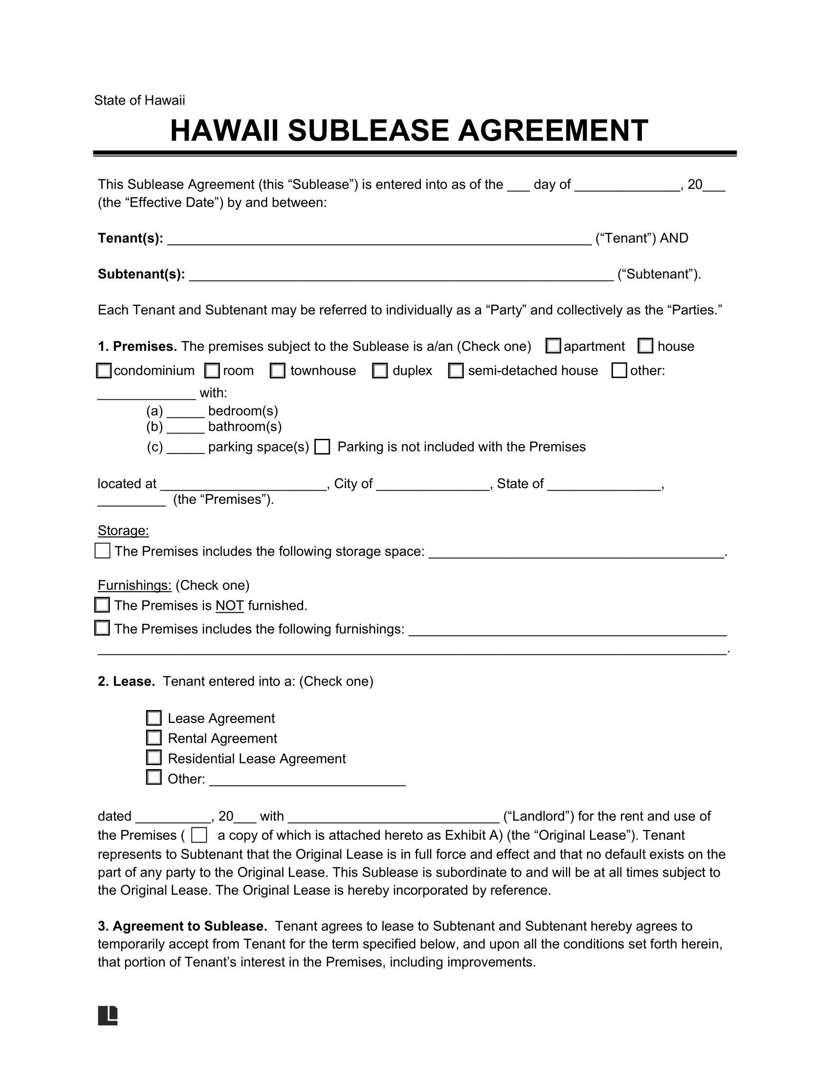 Hawaii Sublease Agreement Template