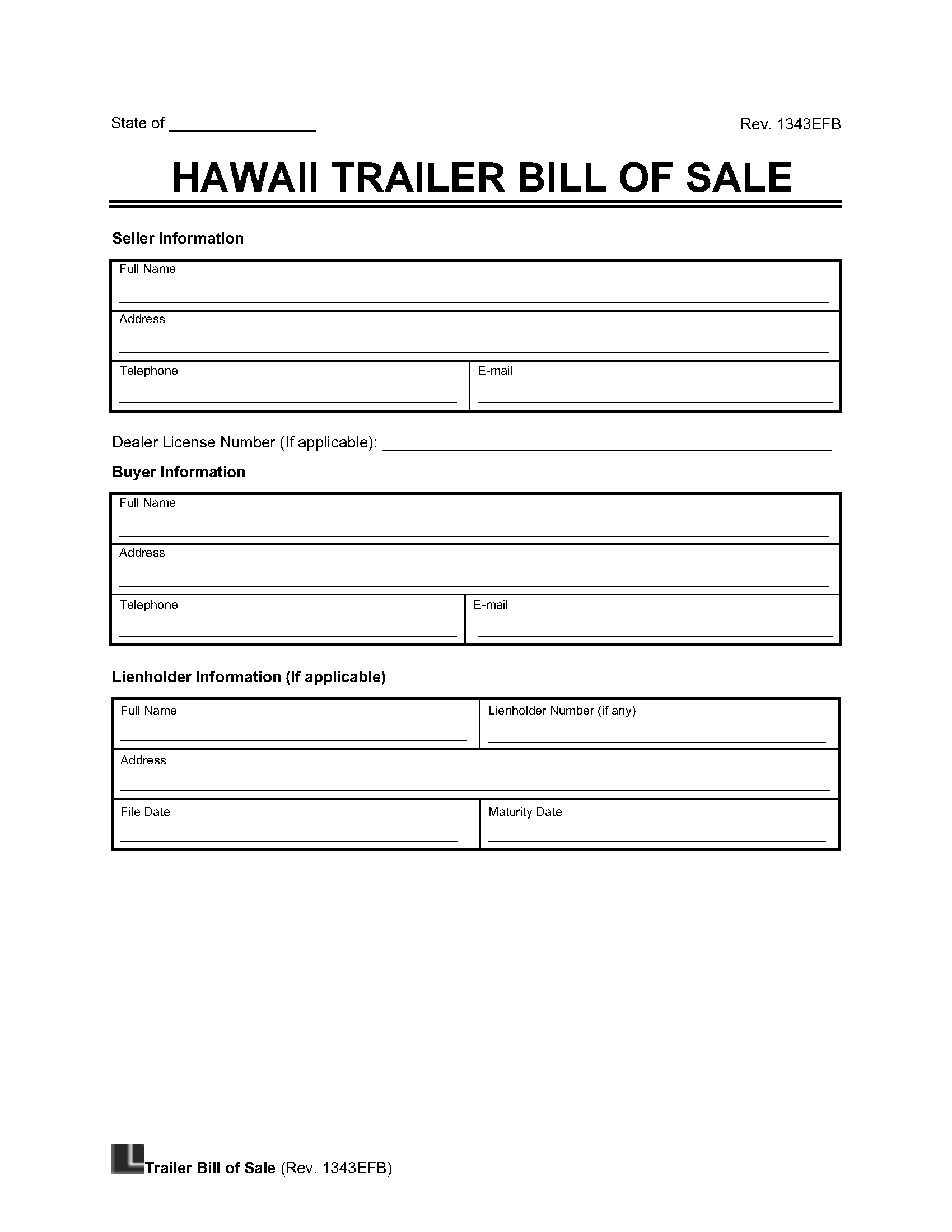 Free Hawaii Trailer Bill Of Sale Template 