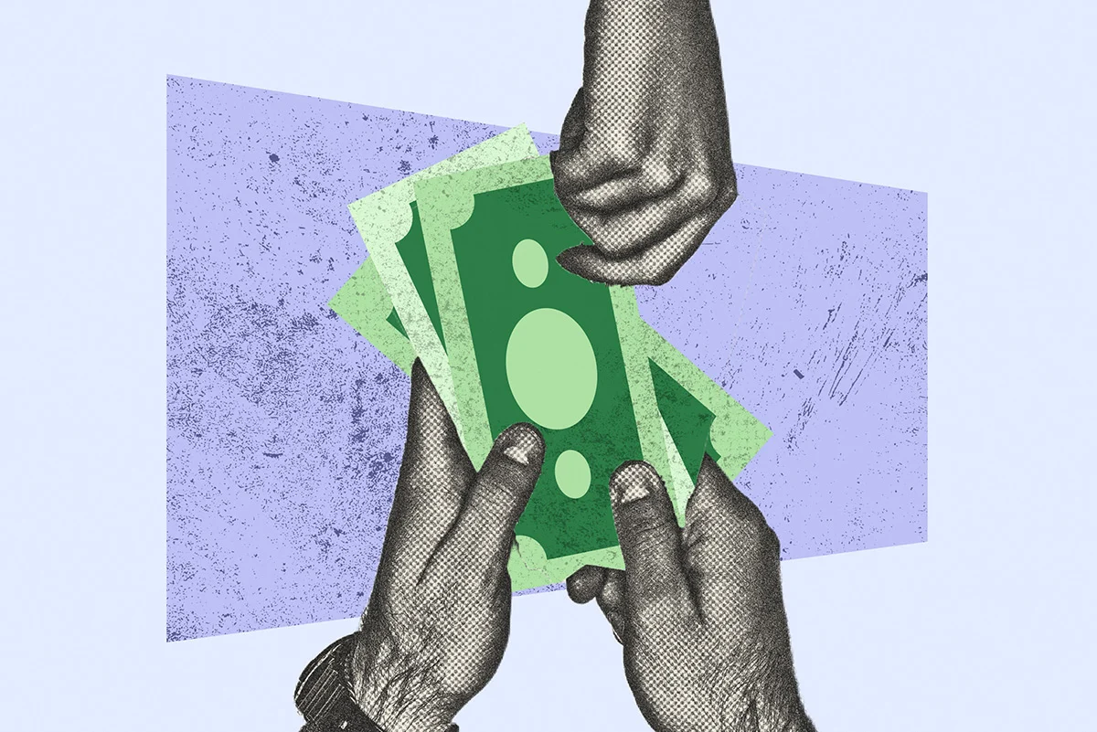 Two individuals exchanging cash to show the concept of how to get someone to pay you back