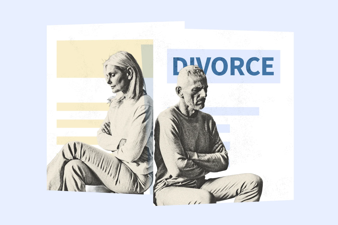 Separated couple sitting back-to-back with divorce papers.