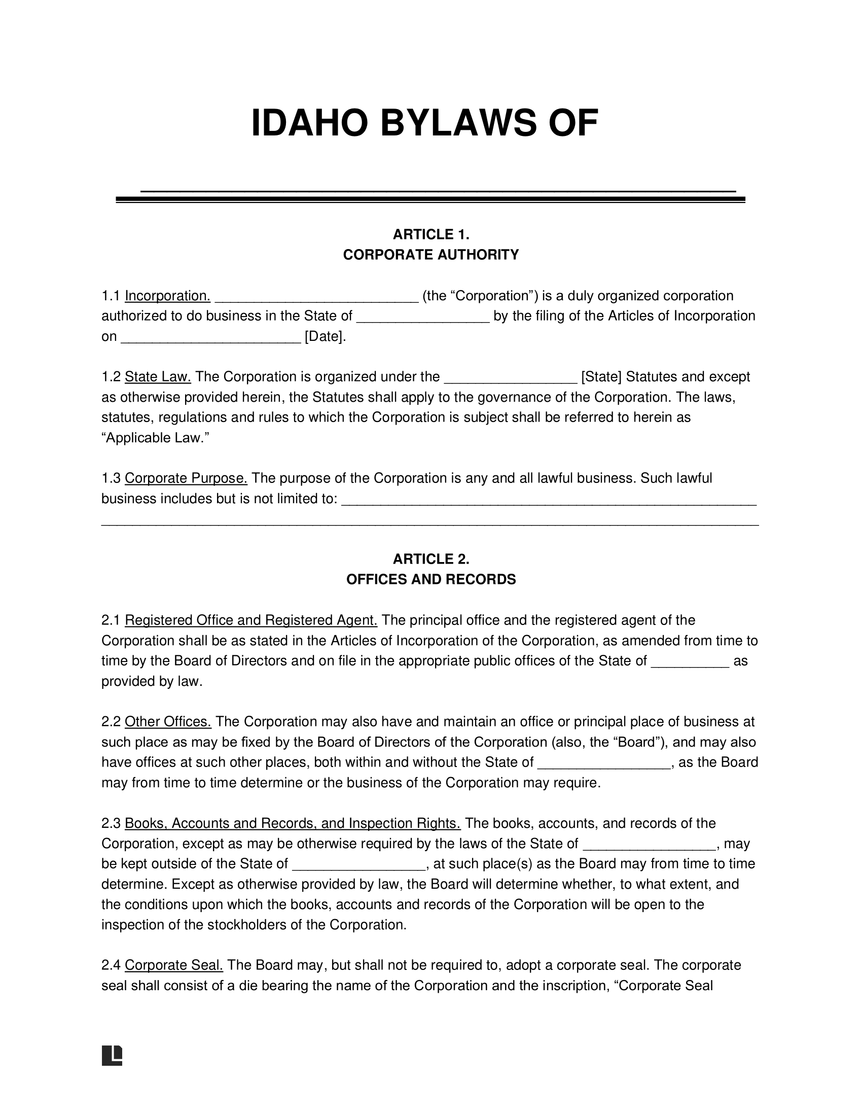 Idaho Corporate Bylaws Template