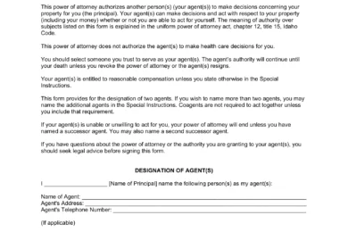Idaho Durable Statutory Power of Attorney Form