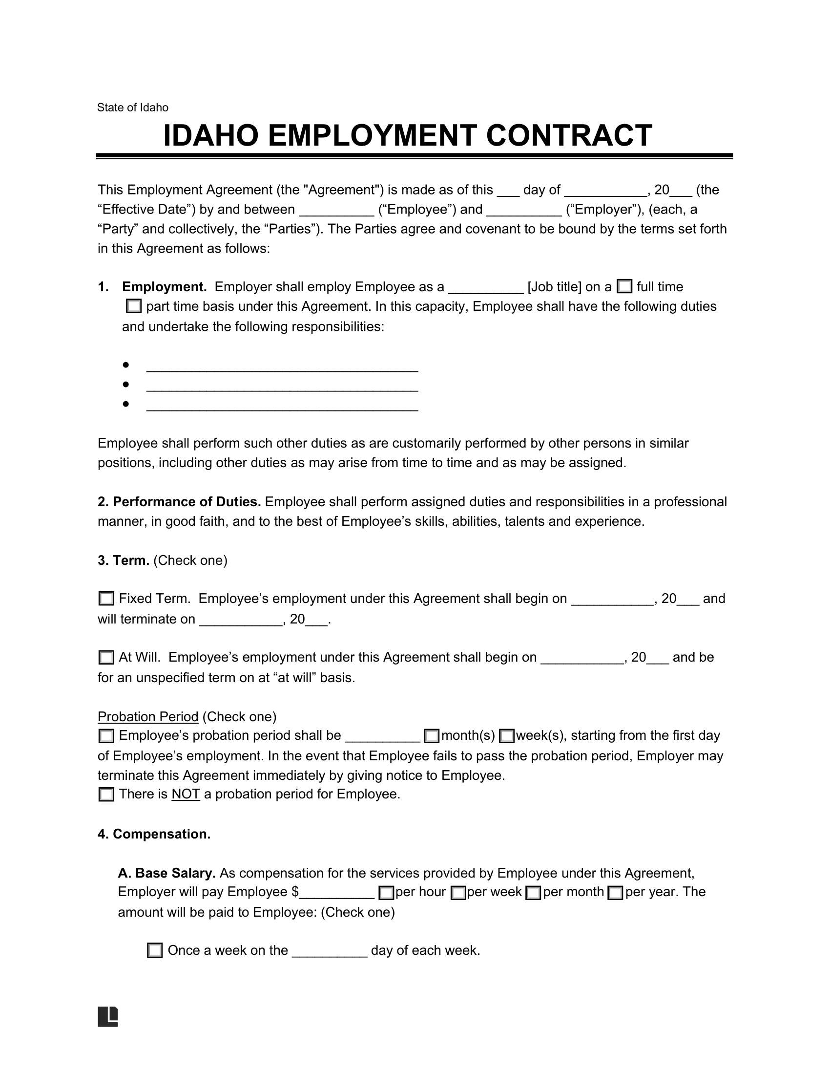 Idaho Employment Contract Template