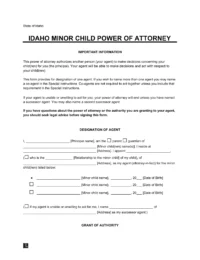 Idaho Minor Child Power of Attorney Form