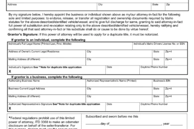Idaho Motor Vehicle Power of Attorney Form