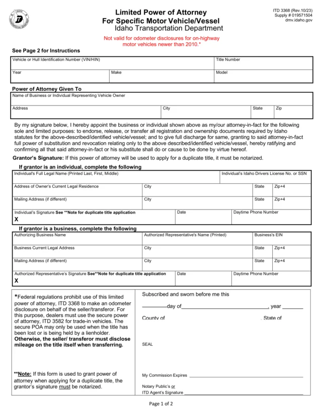Idaho Motor Vehicle Power of Attorney Form