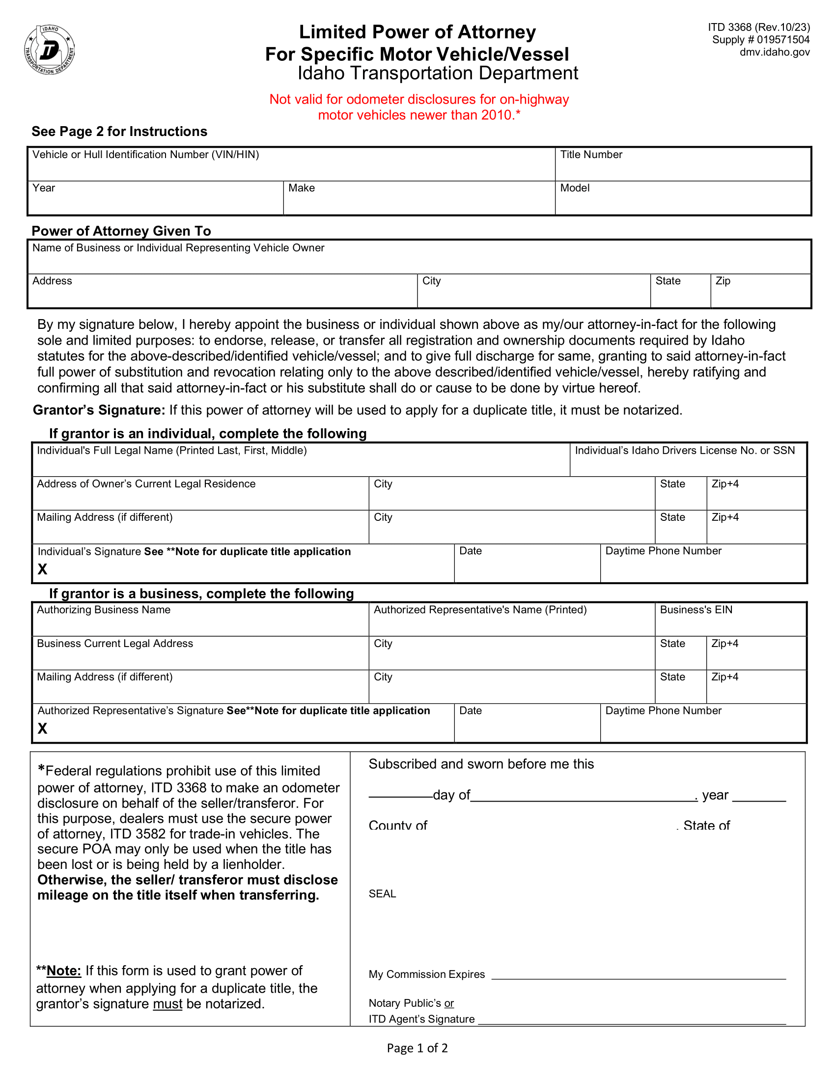Idaho Motor Vehicle Power of Attorney Form