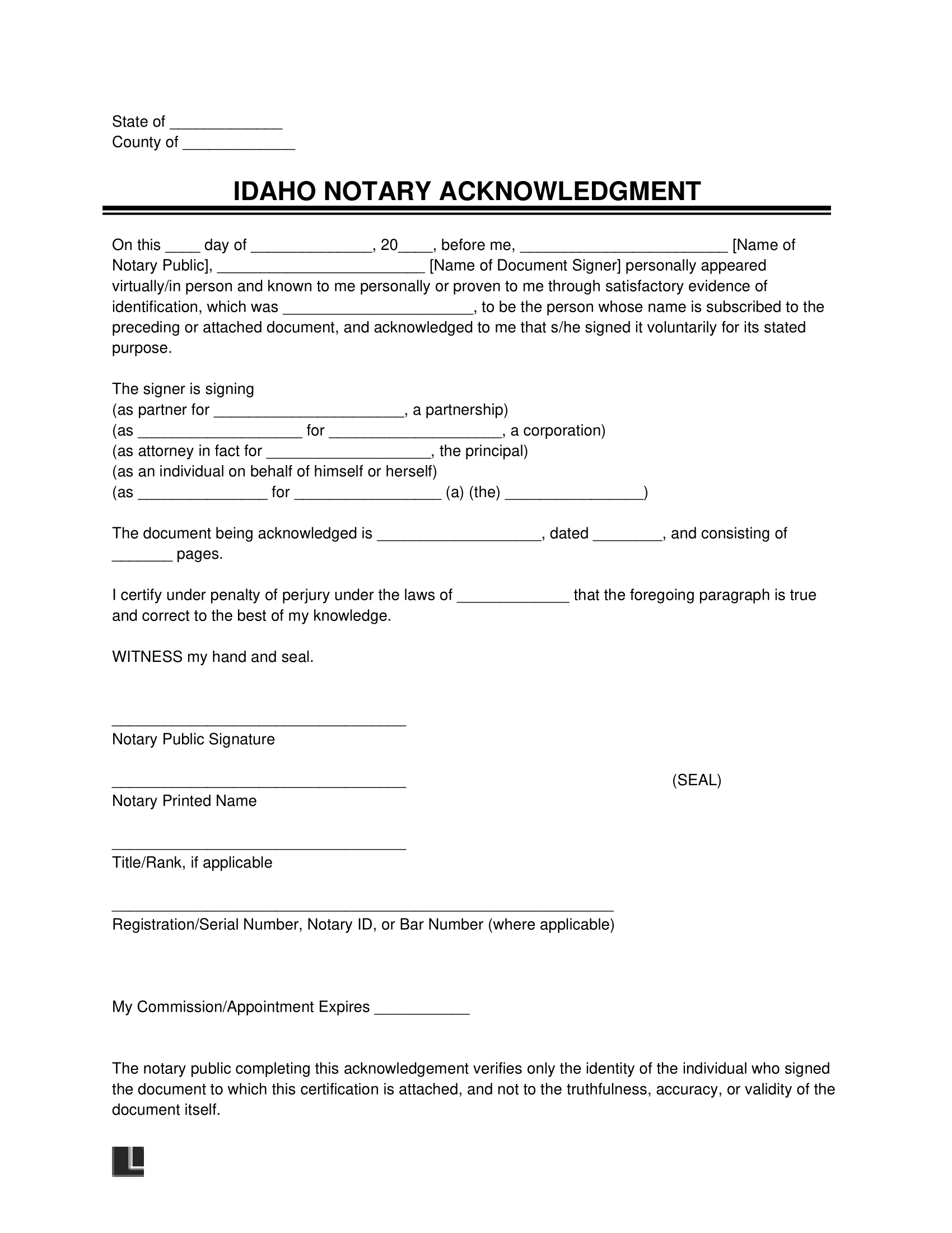 Idaho Notary Acknowledgment Form