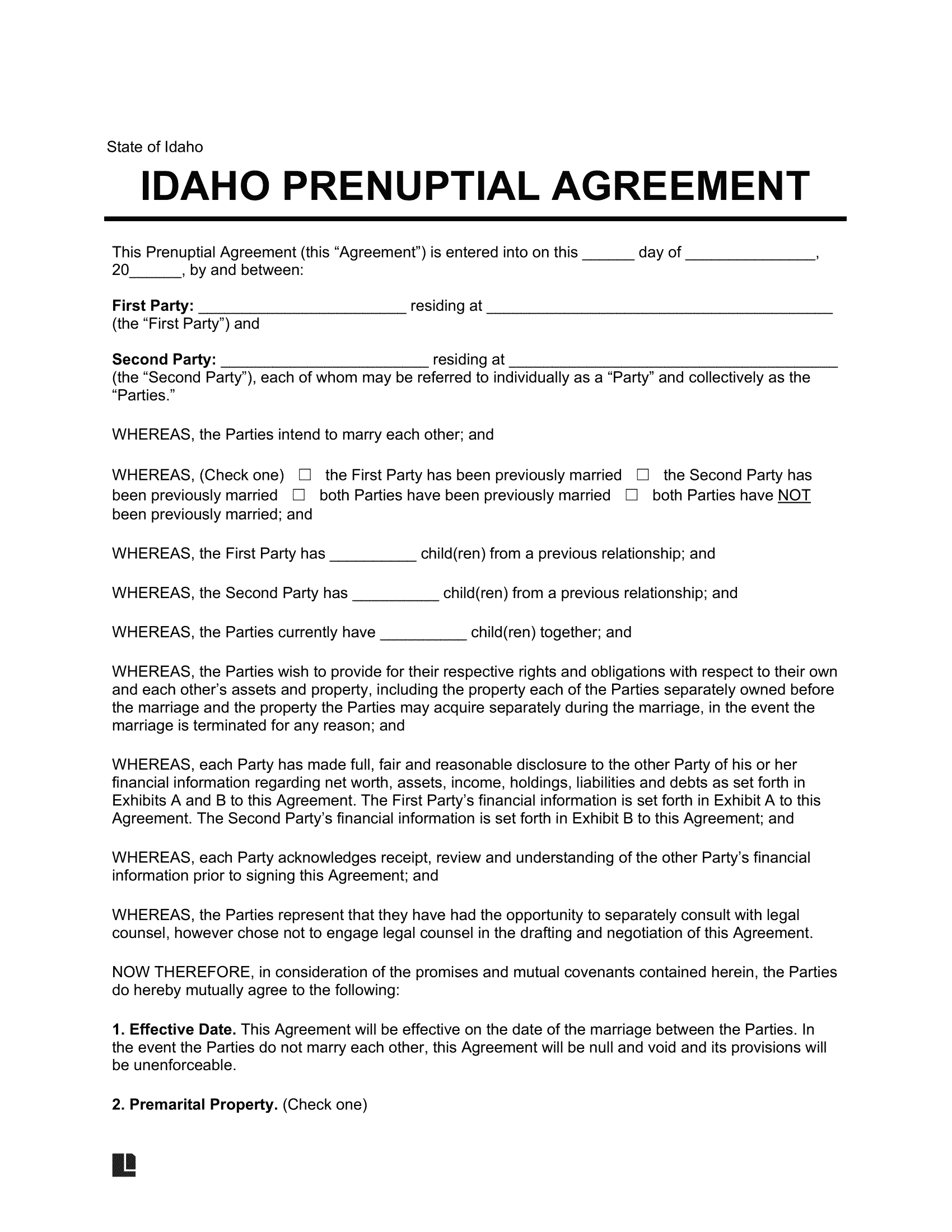 Idaho Prenuptial Agreement Template