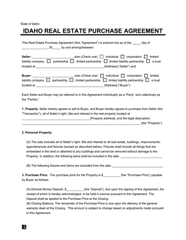 Idaho Residential Purchase Agreement Template