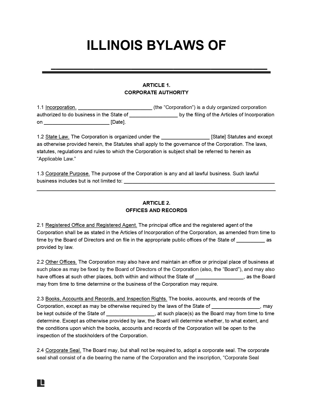 Illinois Corporate Bylaws Template