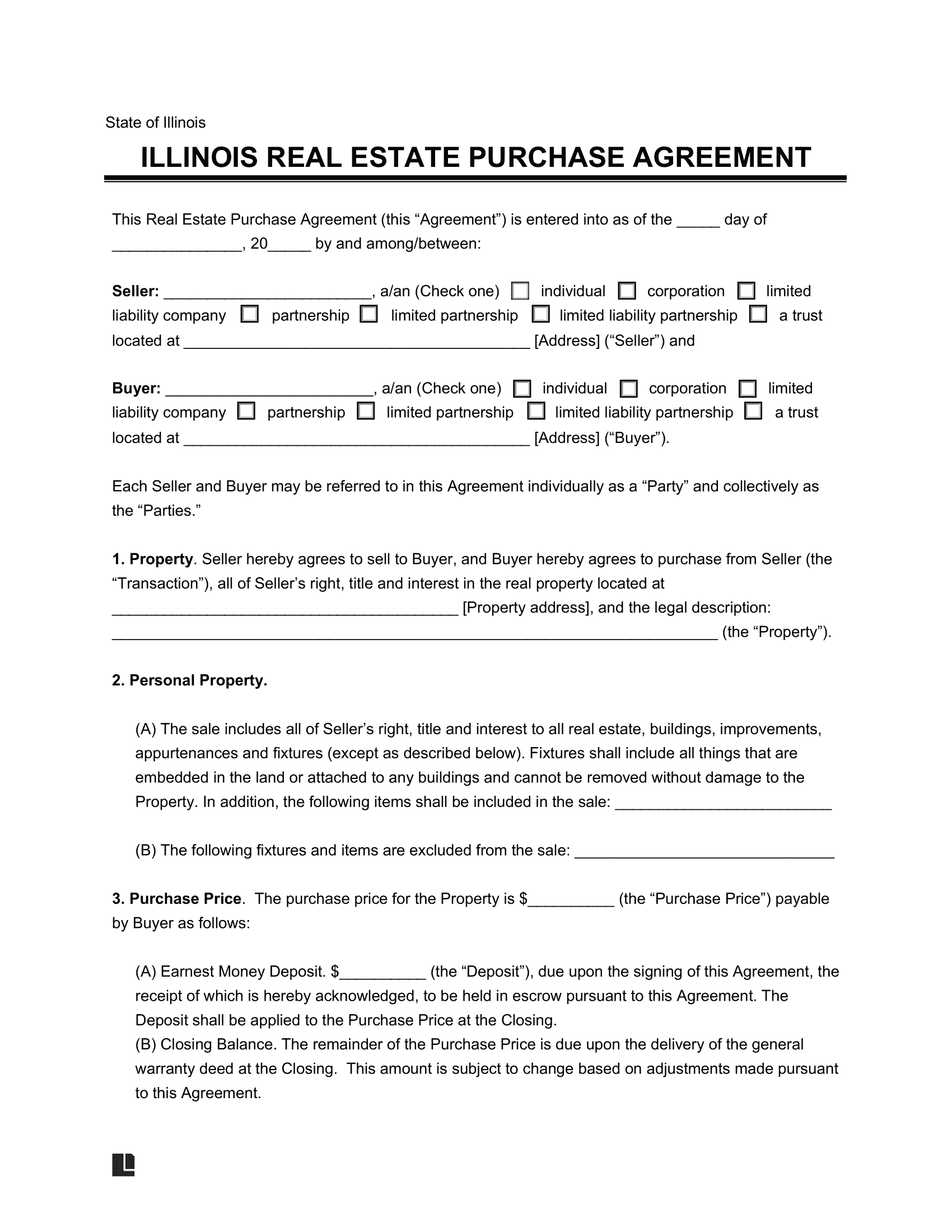 Illinois Real Estate Purchase Agreement Form
