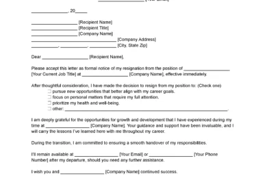 Immediate Resignation Letter Template