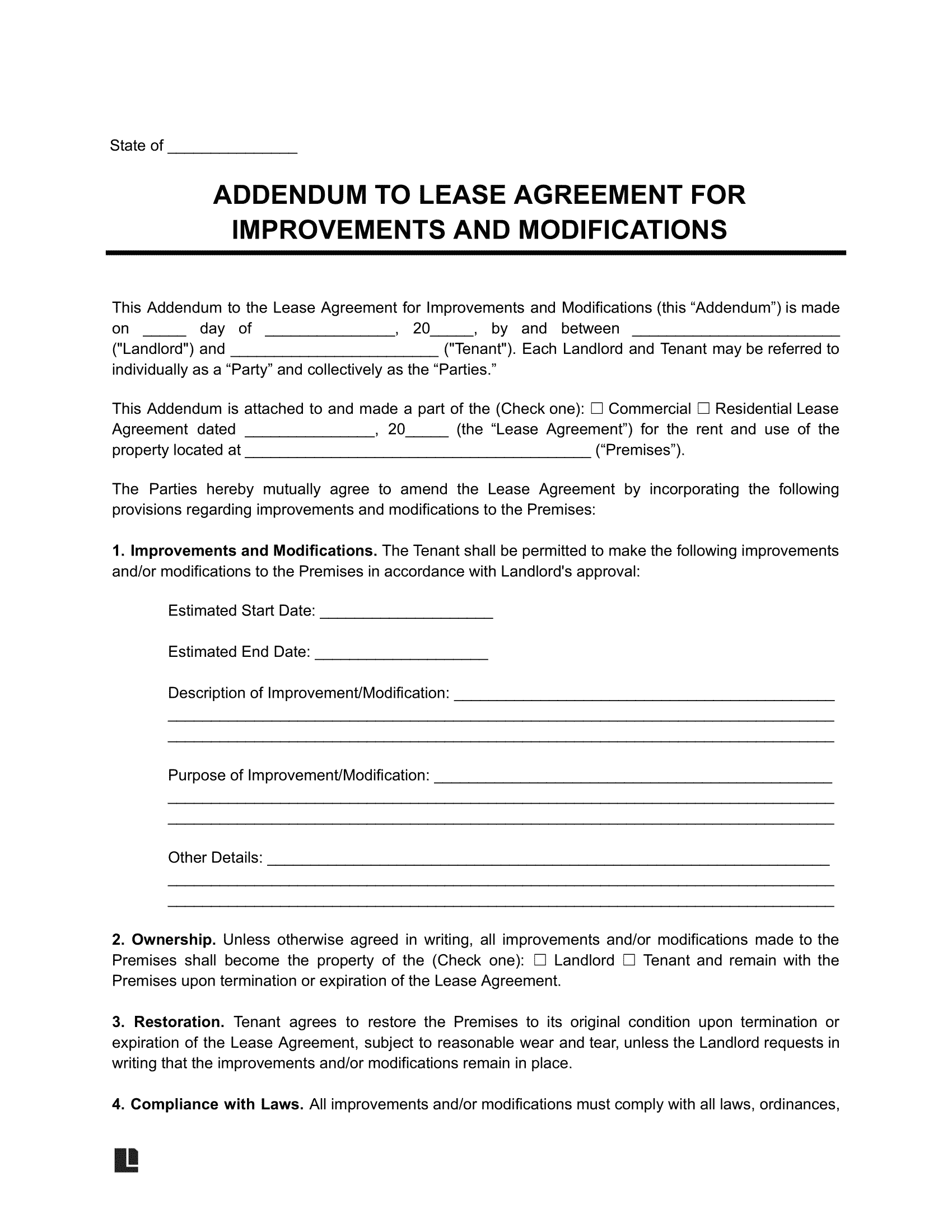 Improvements and Modifications Lease Addendum Template