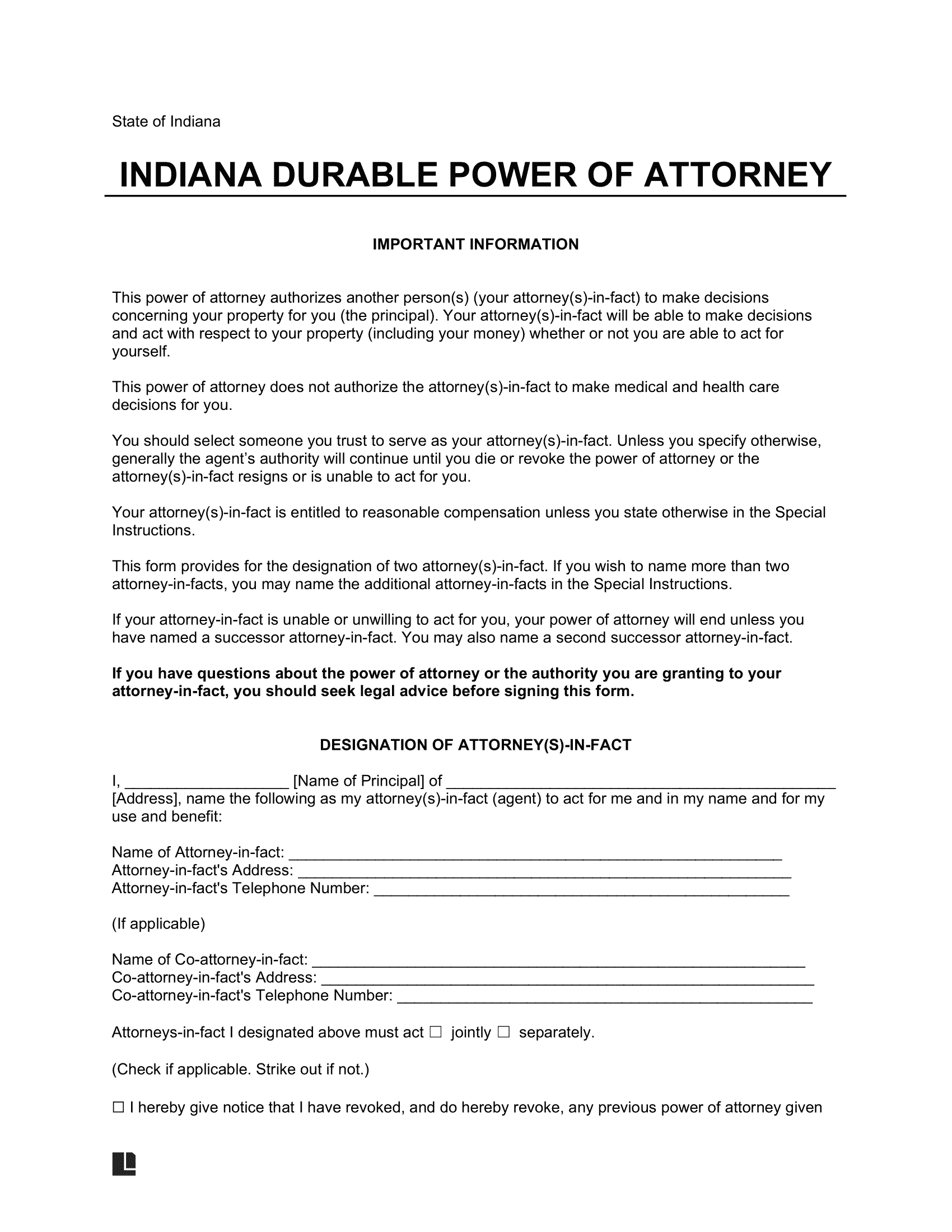 Indiana Durable Statutory Power of Attorney Template