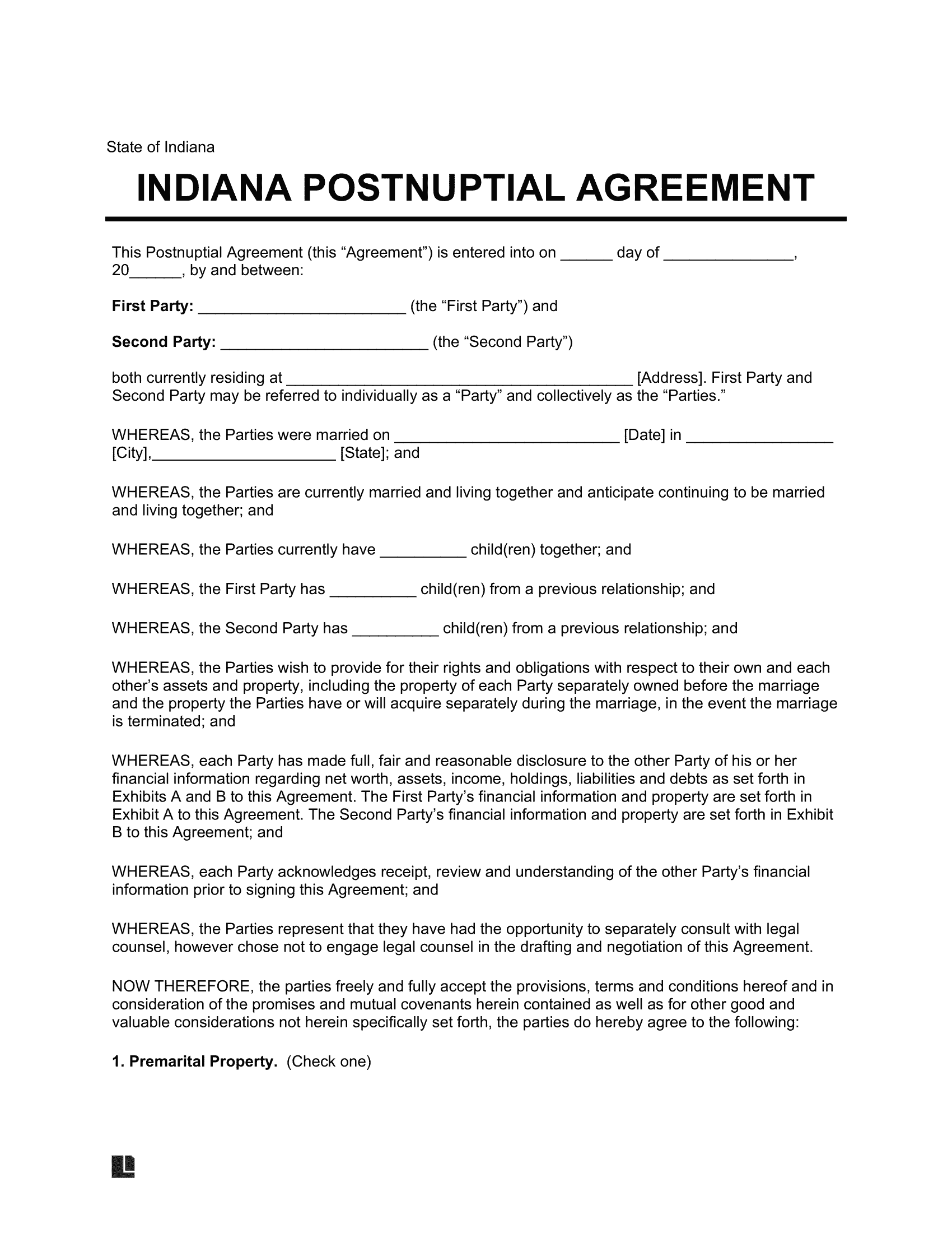 Indiana Postnuptial Agreement Template