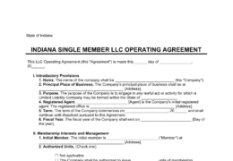 Indiana Single Member LLC Operating Agreement Form