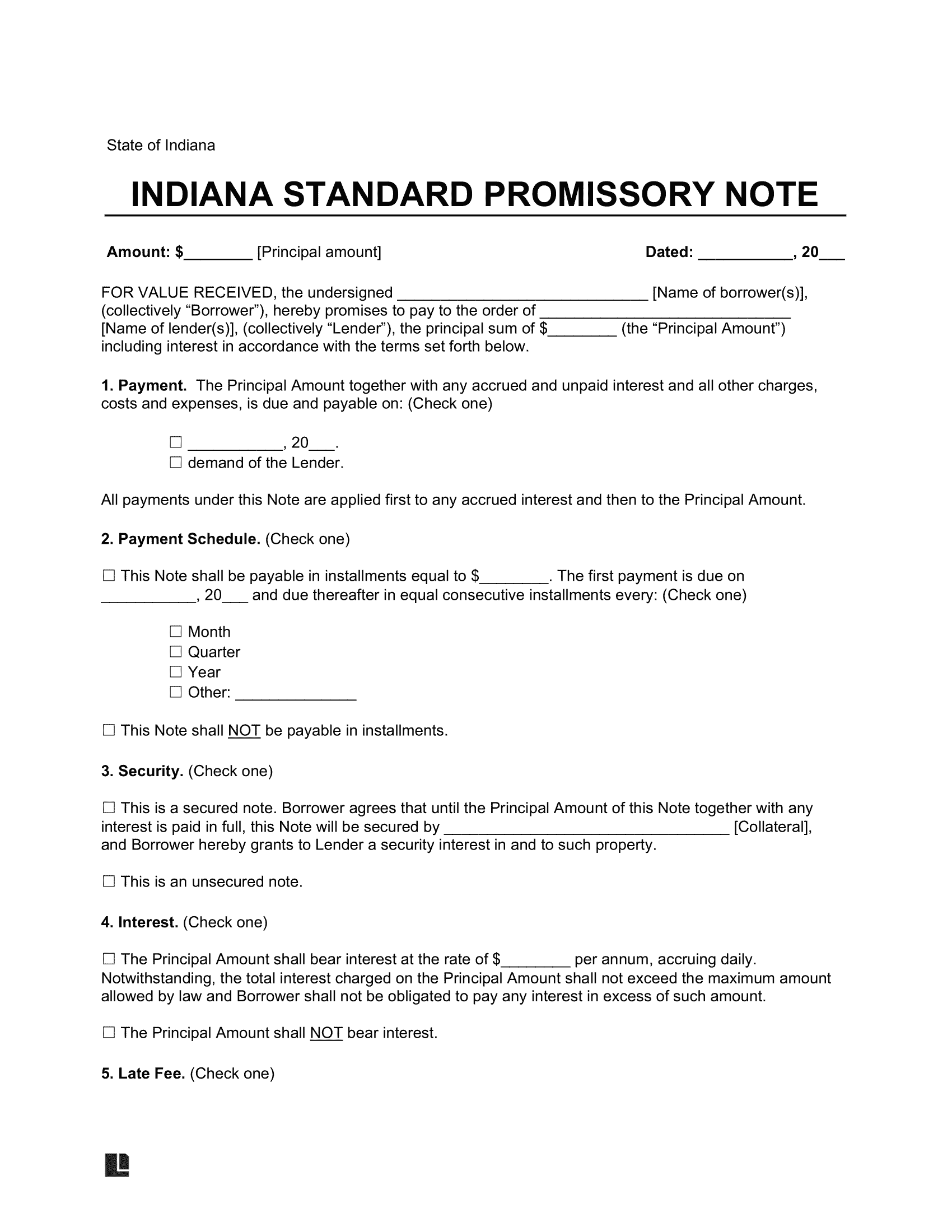 Indiana Standard Promissory Note Template