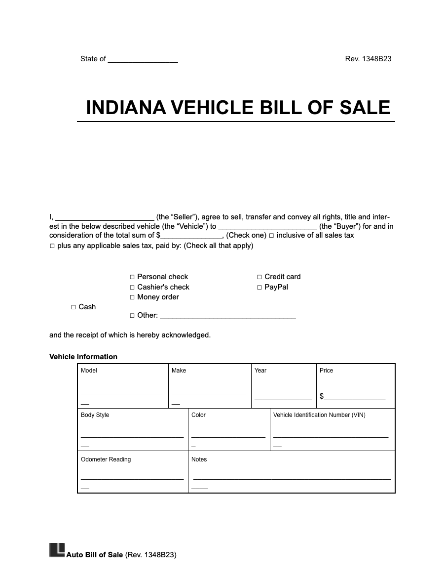 Indiana vehicle bill of sale