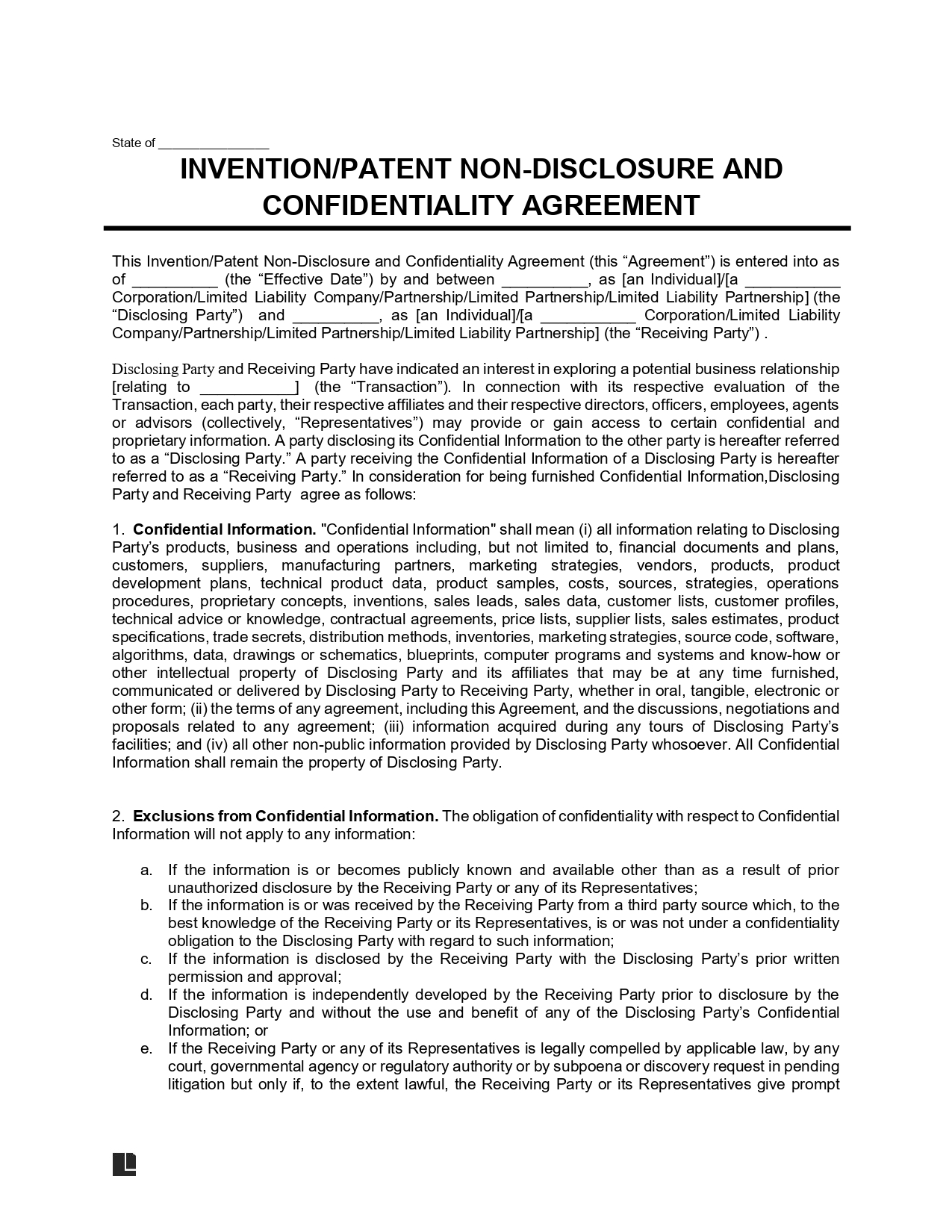 Invention/Patent Non Disclosure and Confidentiality Agreement