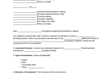 Investment Letter of Intent Template