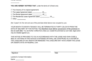 Iowa Lease Termination Letter (30-Day Notice)