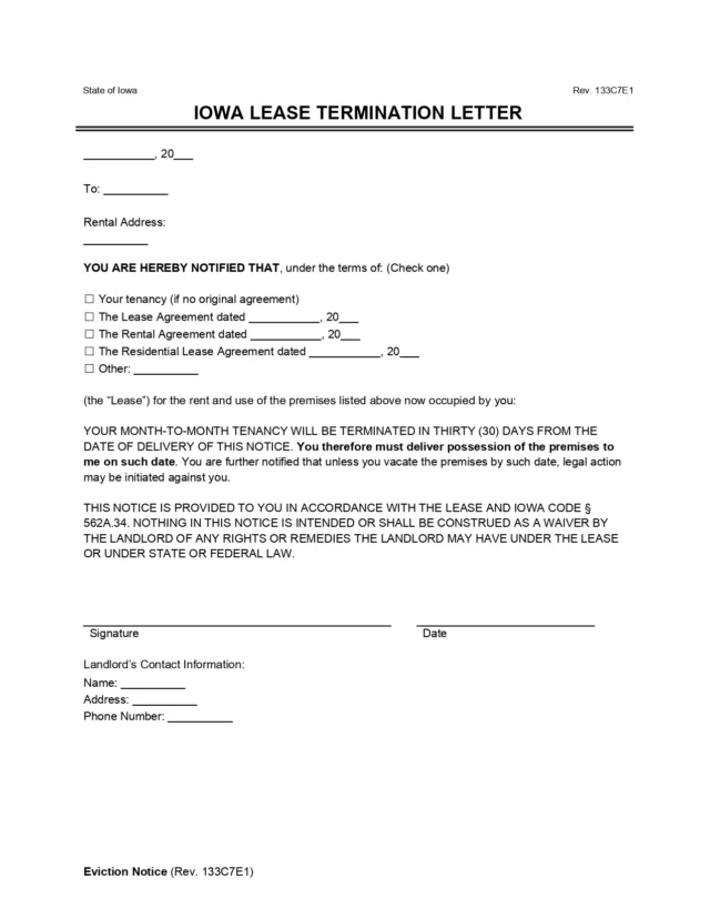 Iowa Lease Termination Letter (30-Day Notice)