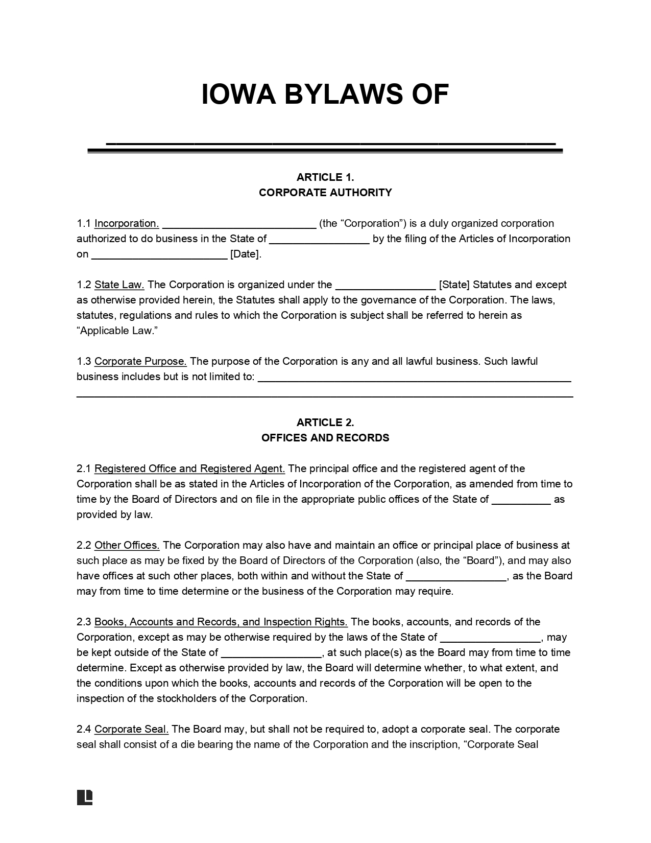 Iowa Corporate Bylaws Template