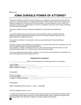 Iowa Durable Statutory Power of Attorney Template