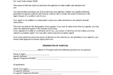 Iowa Durable Statutory Power of Attorney Template